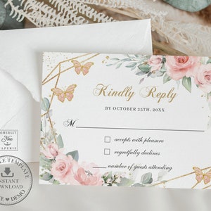 Blush Pink Floral Schmetterlinge Quinceañara RSVP Karte druckbare EDITIERBARE VORLAGE, Mis Quitte 15 Anos Diy 16. Geburtstag, Instant Download, BP1