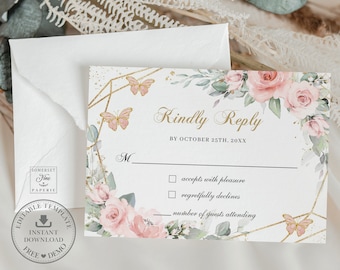 Könnte beinhalten: Eine weiße RSVP-Karte mit goldenen geometrischen Akzenten und rosafarbenen Blumenillustrationen. Der Text lautet "Kindly Reply by October 25th, 20XX". Es gibt zwei Kontrollkästchen zum Akzeptieren oder Ablehnen der Einladung und eine Zeile für die Anzahl der anwesenden Gäste.