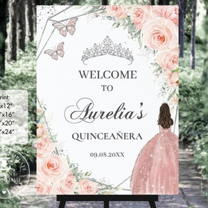 Blush Floral Princess Silver Quinceañera Welcome Sign Printable EDITABLE TEMPLATE Butterflies Mis Quince 15 16 Birthday INSTANT Download QC7