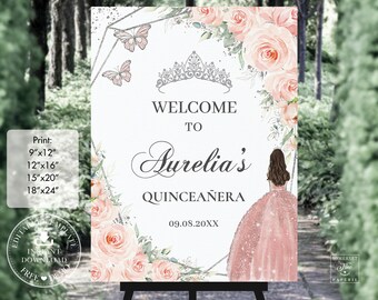 Blush Floral Princess Silver Quinceañera Welcome Sign Printable EDITABLE TEMPLATE Butterflies Mis Quince 15 16 Birthday INSTANT Download QC7