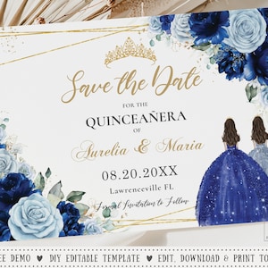 Royal Baby Blue Rose Floral Twins Princesses Gold Quinceañera Save the Date Card Printable EDITABLE TEMPLATE Quince Sweet 16 Birthday QC92