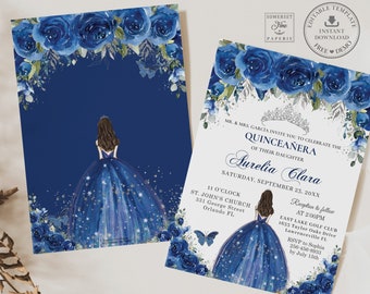Royal Blue Floral Quinceañera Invitation Printable, EDITABLE TEMPLATE, Silver Tiara Mis Quince 15 Anos Birthday Invite INSTANT Download QC16