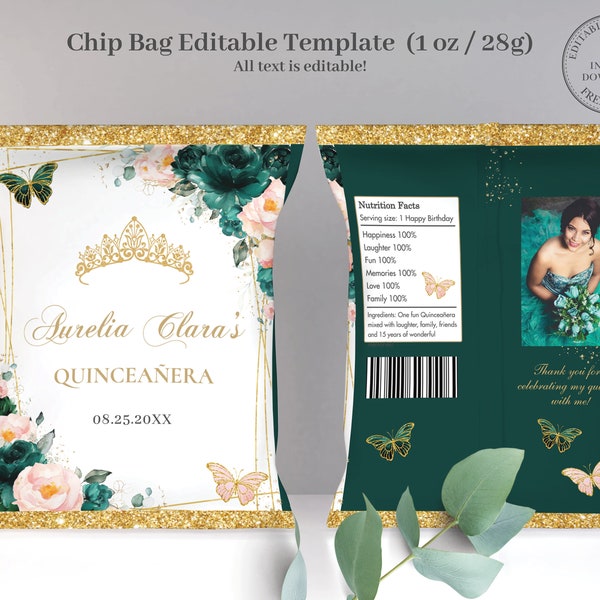EDITABLE TEMPLATE Chip Bag Emerald Blush Floral Butterflies Quinceañera Mis Quince 15 Anos Birthday Favor Instant Download Printable QC20