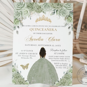 Sage Green Floral Gold Brown Girl Quinceañera Invitation EDITABLE TEMPLATE Quince 15 XV Sweet 16 Birthday Diy Invite Printable Download QC43
