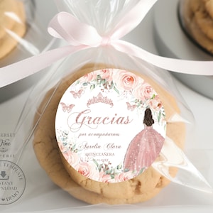 EDITABLE TEMPLATE 2&quot; Circle Favor Label Blush Pink Floral Rose Gold Dress Princess Quinceaneara 15 XV Birthday Sweet 16 Printable Files QC45
