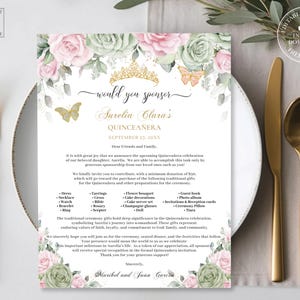 EDITABLE Sage Green Pink Floral Quinceañera Sponsor Letter Quince XV 15th Birthday Printable Padrinos Godparent Request Letter Download QC49