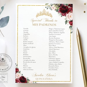 Burgundy Blush Floral Quinceañera Padrinos List Printable, EDITABLE TEMPLATE, Mis Quince 15 Anos Princess Birthday, INSTANT Download, QC1