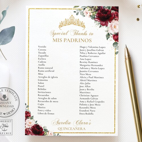Burgundy Blush Floral Quinceañera Padrinos List Printable - Etsy
