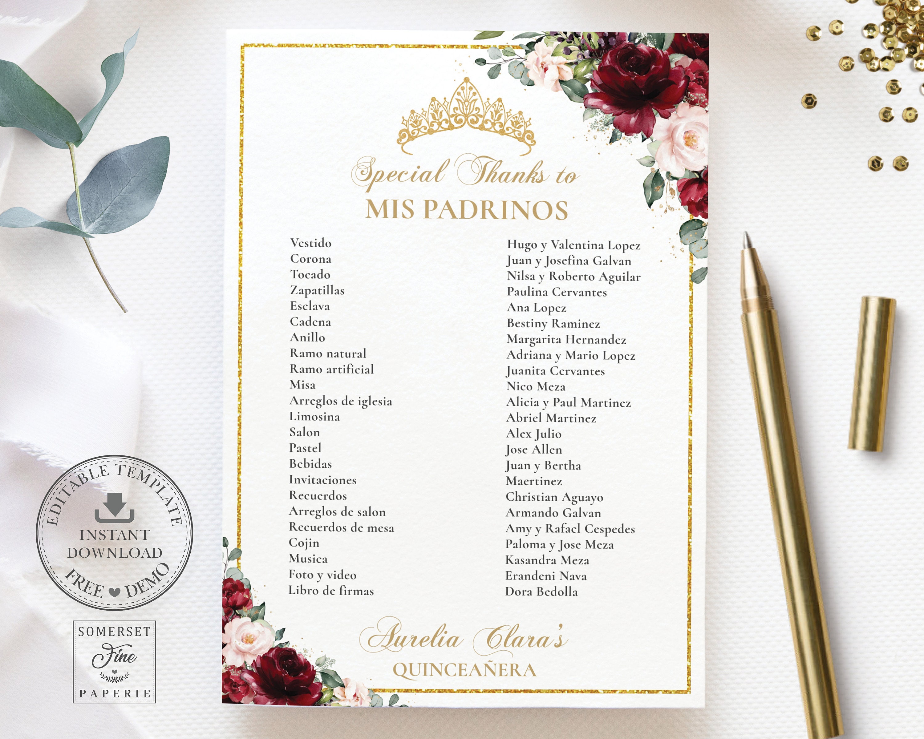 Burgundy Blush Floral Quinceañera Padrinos List Printable Etsy Hong Kong