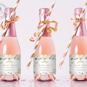Ivory White Floral Quinceanera Mini Champagne Bottle Label, EDITABLE TEMPLATE, 15th 16th Birthday Sticker Printable, INSTANT Download QC21
