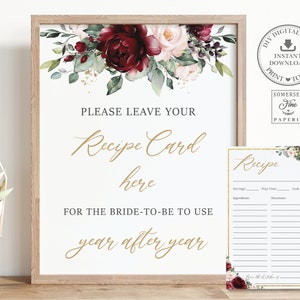 Laissez votre carte de recette ici Signez la recette pour la mariée à être carte imprimable, TÉLÉCHARGEMENT INSTANTANÉ, Bourgogne Blush Floral Roses DIY Douche nuptiale, RB1
