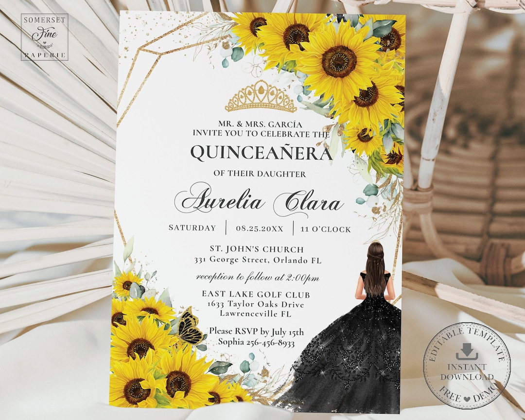EDITABLE Vestido negro floral de girasol con mariposas doradas y princesa  Invitación de quinceañera Quince 15 XV 16 cumpleaños Descarga imprimible
