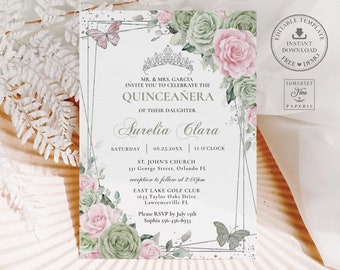 May include: A Quinceañera invitation with a floral design featuring pink and green roses, butterflies, and a tiara. The invitation includes the text "MR. & MRS. GARCÍA INVITE YOU TO CELEBRATE THE QUINCEAÑERA OF THEIR DAUGHTER Aurelia Clara" and details for the event.