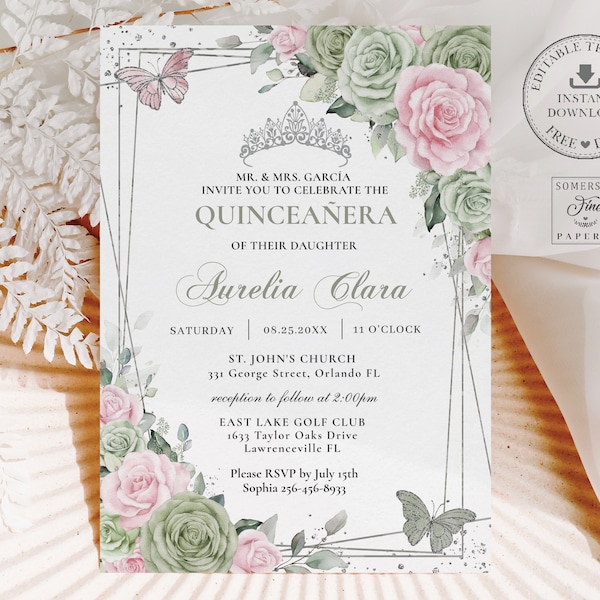 EDITABLE Sage Green Pale Pink Floral Silver Butterflies Quinceañera Invitation Quince 15 XV Sweet 16 16th 18th Birthday Debut Printable QC49