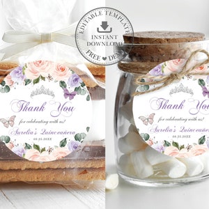 EDITABLE TEMPLATE 2&quot; Round Favor Label, Purple Blush Floral Butterflies Quinceaneara 15th Birthday Sweet 16 Printable INSTANT Download QC41