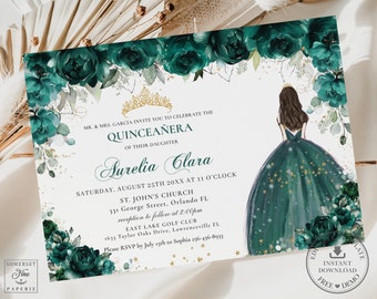 Smaragdgrün Floral Gold Quinceañra Einladungskarte, SOFORTIGER DOWNLOAD, Prinzessin Tiara Rosen Mis Quince 15. Geburtstag EDITIERBARE Vorlage QC9