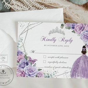 Purple Lilac Lavender Floral Silver Quinceañera RSVP Card Printable EDITABLE TEMPLATE, Princess Mis Quince 15 Anos Sweet 16th Birthday, QC37