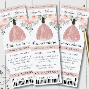 Blush Pink Floral Silver Princess Butterflies Quinceañera Ticket Invitation EDITABLE TEMPLATE, Quince 15 16th Birthday INSTANT Download, QC7
