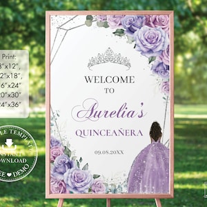 Lavender Lilac Purple Floral Roses Brown Princess Girl Quinceañera Welcome Sign Printable EDITABLE TEMPLATE Quince 15 Birthday Download QC37