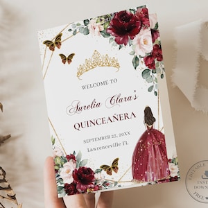 Burgundy Blush Floral Dress Butterflies Princess Quinceañera Program Printable EDITABLE TEMPLATE Padrinos Damas Order of Events Birthday QC1