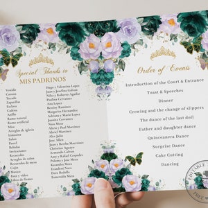 May include: A printable Quinceañera order of events and special thanks to the godparents. The design features a floral border with butterflies and a gold crown.