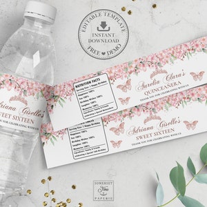 Pink Cherry Blossoms Butterflies Rose Gold Quinceañera Sweet 16 Water Bottle Label EDITABLE TEMPLATE Birthday Wrapper Sticker Printable QC46