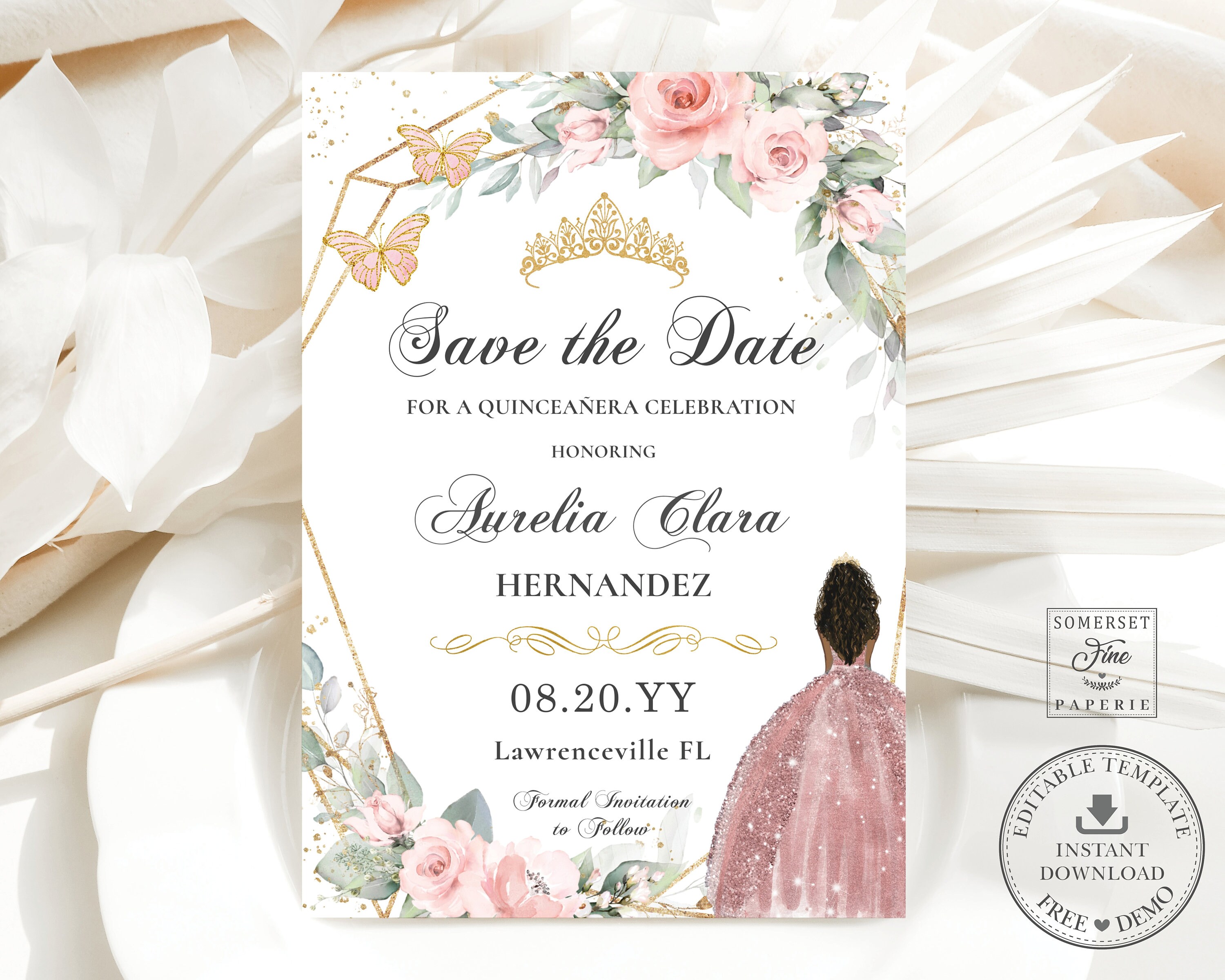 EDITABLE Soft Blush Pink Floral Rose Gold Dress Brown Princess  