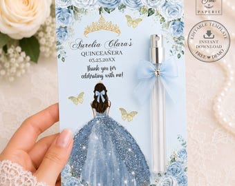 May include: A light blue rectangular card template featuring a gold crown, yellow butterflies, and blue roses. The text reads Aurelia Clara's Quinceañera 03.23.20XX Thank you for celebrating with me. A clear perfume bottle with a light blue bow is attached.