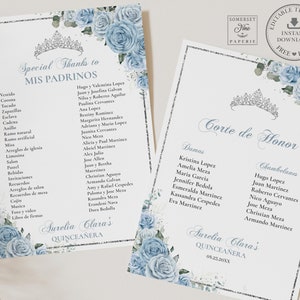 Baby Blue Floral Silver Quinceañera Mis Padrinos List Printable EDITABLE TEMPLATE, Quince 15 Anos Princess Birthday INSTANT Download QC18