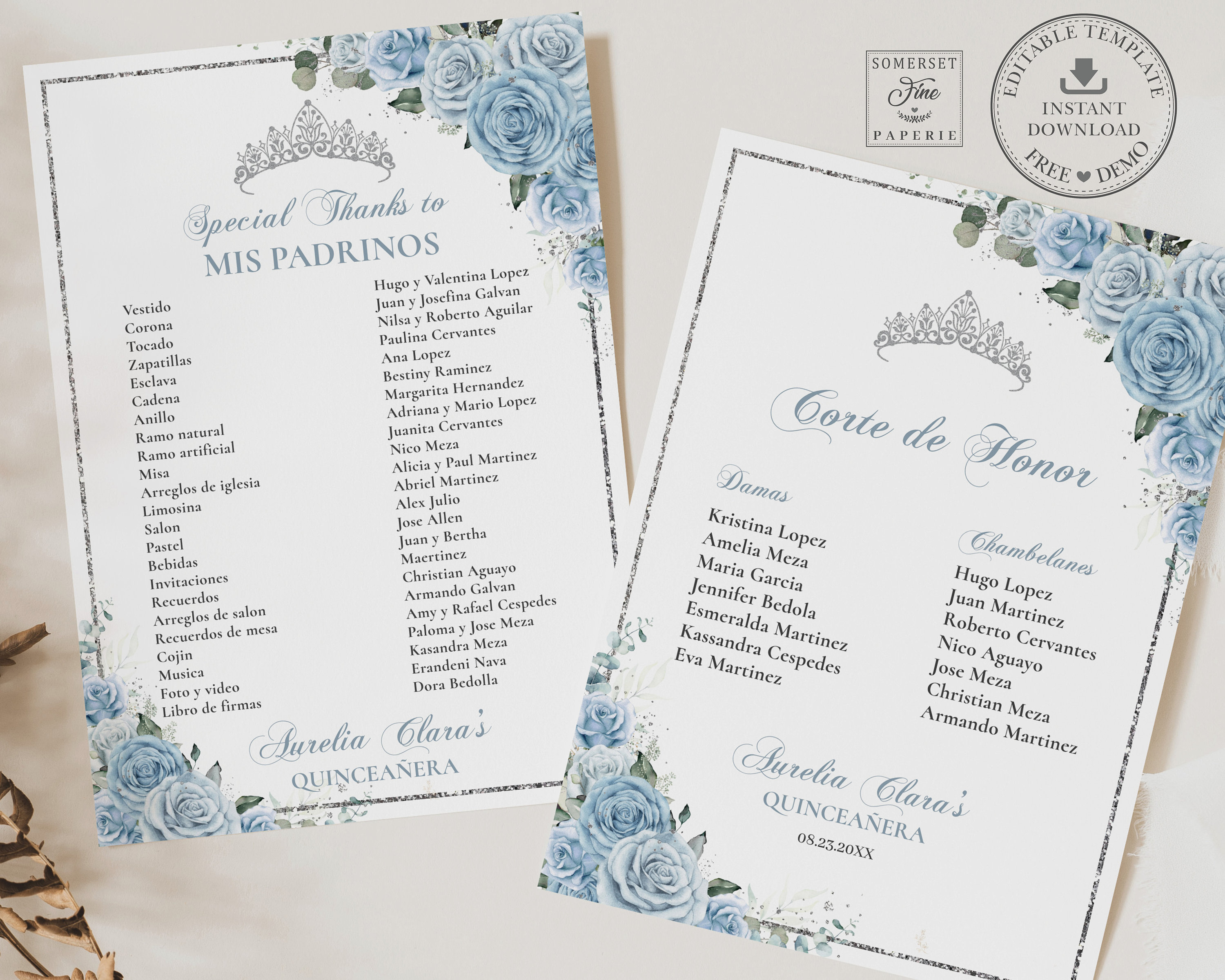 Baby Blue Floral Silver Quinceañera Mis Padrinos List Printable