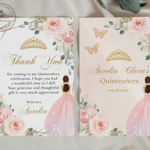 Blush Floral Pink Princess Dress Gold Quinceañera Thank You Card EDITABLE TEMPLATE, Mis Quince 15 XV 16th Birthday Instant Printable QC7