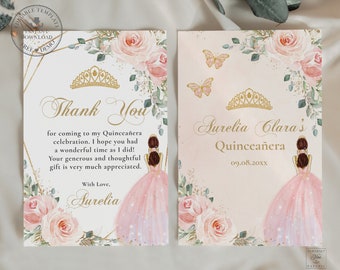 Könnte beinhalten: Eine rosafarbene und goldene Dankeskarte für eine Quinceañera mit einem Blumendesign und einer Silhouette eines Mädchens in einem rosafarbenen Kleid. Der Text lautet: "Vielen Dank, dass Sie zu meiner Quinceañera-Feier gekommen sind. Ich hoffe, Sie hatten eine wundervolle Zeit, so wie ich! Ihr großzügiges und durchdachtes Geschenk wird sehr geschätzt. Mit Liebe, Surelia"