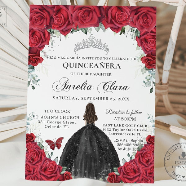 Vibrant Red Floral Black Dress Silver Quinceañera Invitation EDITABLE TEMPLATE Quince 15 Sweet 16th Birthday Invites Printable Download QC19