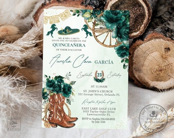 Emerald Green Floral Cowboy Boots Horses Charro Wild West Quinceañera Invitation Printable EDITABLE TEMPLATE Quince XV 15 Años Birthday QC82