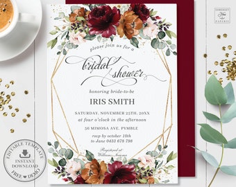 EDITABLE TEMPLATE Floral Bridal Shower Invitation, Burgundy Burnt Orange Blush Roses Printable, Chic Gold Geometric, INSTANT Download, RB3