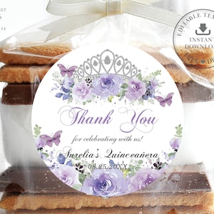 EDITABLE TEMPLATE 2" Circle Favor Label, Purple Lilac Floral Silver Crown Butterflies Quinceaneara 15 Birthday Sweet 16 INSTANT Download QC3