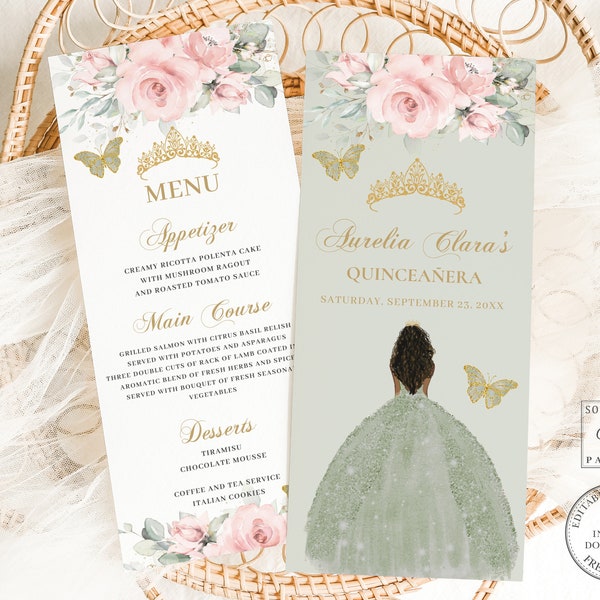 EDITABLE Blush Pink Floral Gold Sage Green Dress Brown Princess Quinceañera Slim Menu Butterflies Sweet 16 18th Birthday Mis XV Quince BP2