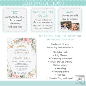 May include: A Quincea&ntilde;era invitation template with a gold geometric design, pink roses, and butterflies. The text reads "MR. & MRS. GARCIA INVITE YOU TO CELEBRATE THE QUINCEA&Ntilde;ERA OF THEIR DAUGHTER AURELIA CLARA".
