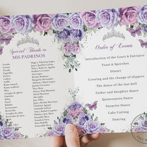 Purple Lilac Lavender Floral Silver Butterflies Quinceañera Program Printable EDITABLE TEMPLATE Padrinos Damas Order of Events Birthday QC37