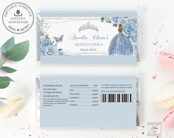 Baby Blue Floral Roses Blonde Princess Chocolate Bar Wrapper, EDITABLE TEMPLATE, Silver Quinceanera 16th Birthday Aldi Hershey's Labels QC18