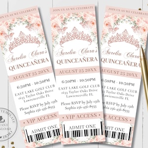 Blush Floral Rose Gold Princess Crown Butterflies Quinceañera VIP Ticket Invitation EDITABLE TEMPLATE Quince 15 16th Birthday Printable QC45