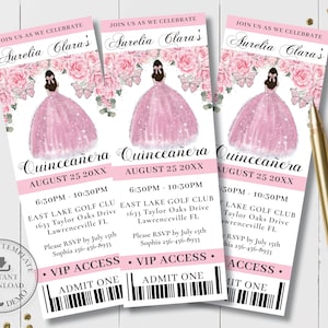 Pink Floral Princess Silver Quinceañera VIP Ticket Invitation EDITABLE Template Quince 15 XV Sweet 16th Birthday Download Printable QC24