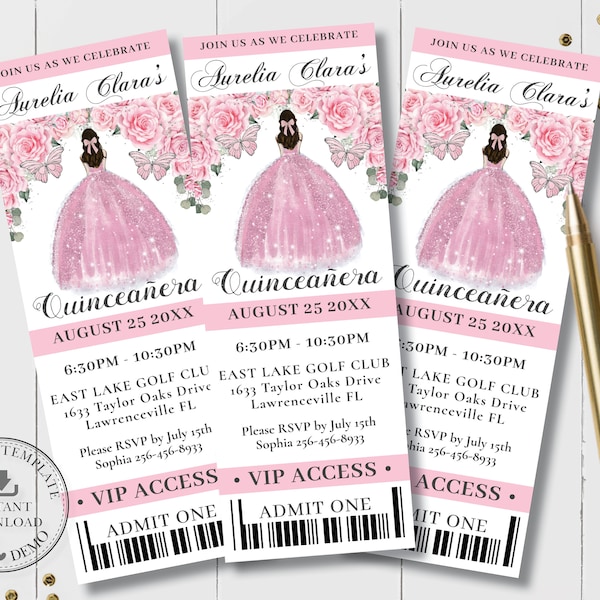 Pink Floral Princess Silver Quinceañera VIP Ticket Invitation EDITABLE Template Quince 15 XV Sweet 16th Birthday Download Printable QC24