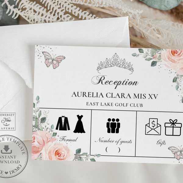 Blush Pink Floral Silver Quinceañera Reception Details Dress Code Card EDITABLE TEMPLATE Butterflies Quince 15 16 Birthday Download File QC7