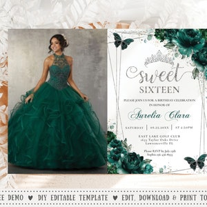 EDITABLE Emerald Green Floral Butterflies |Silver Sweet 16 Sixteen 16th Birthday Photo Invitation Quinceanera Quince XV Printable File QC9
