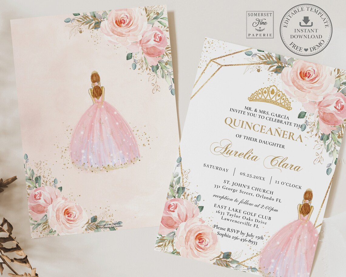Blush Pink Floral Quinceañera Invitation INSTANT DOWNLOAD Mis Etsy