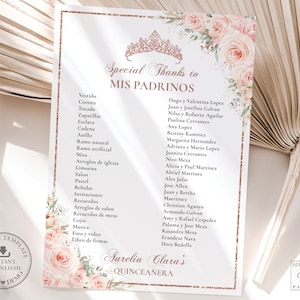 Blush Pink Floral Rose Gold Quinceañera Mis Padrinos List Printable ...