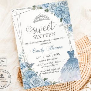EDITABLE TEMPLATE Baby Blue Roses Floral Sweet 16 Invitation Dress Gown Princess Silver Tiara Sixteen 16th Birthday Download Printable, QC18
