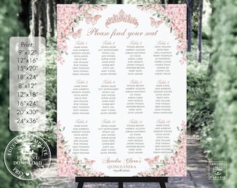 Cherry Blossoms Rose Gold Butterflies Sweet 16 Quinceañera Seating Chart Printable EDITABLE TEMPLATE Quince 15 XV Birthday Download QC46