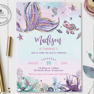 Invitación de sirena DESCARGA INSTANTE, Invitación de fiesta de cumpleaños de sirena Plantilla editable Diy, PDF imprimible, Bajo el mar, Criaturas del océano MT1A